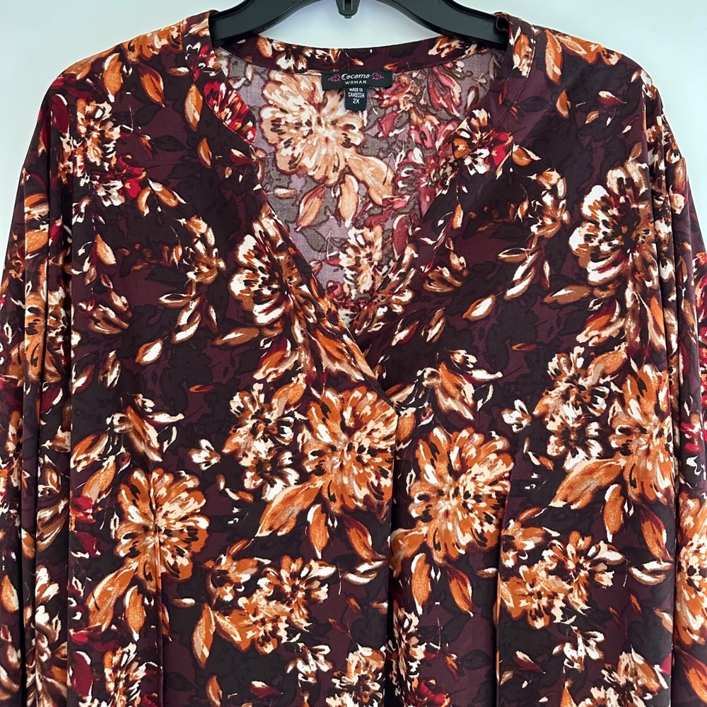 Cocomo Floral V-Neck Tunic Top Womens 2X Blouse 3/4 Sleeve Boho Fall Stretch - Picture 6 of 7